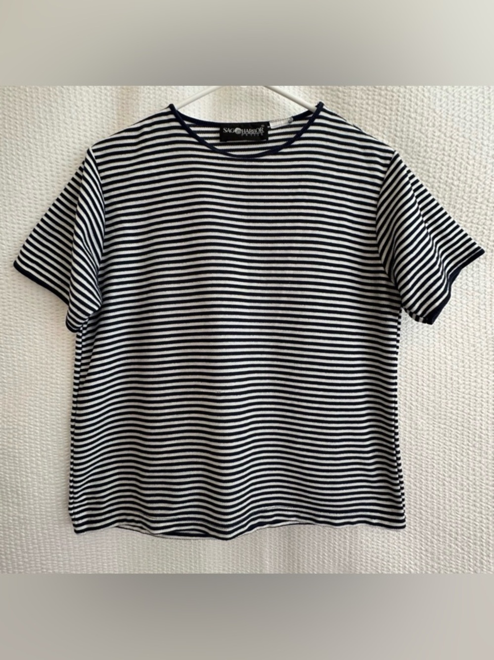 SAG HARBOR Navy Blue White Striped Textured Knit Top Large Petite Short Sleeve